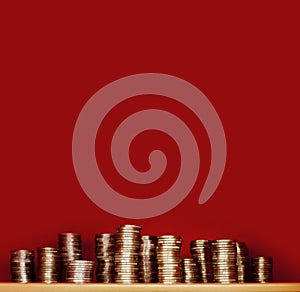 Pile of euro golden coins on red background
