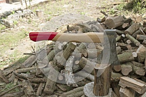 Pile of firewood and ax used to cut firewood