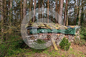 A pile of firewood on the edge of the forest covered with plastic film.