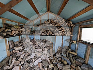 a pile of firewood is piled against the wall of a shed photo