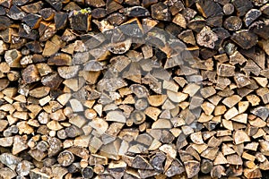 Pile firewood prepared for fireplace. Kiln-dried firewood background