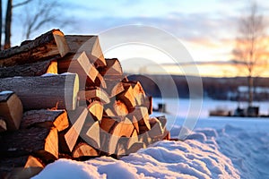 a pile of firewood ready to ignite, with snow in the background