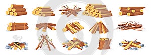 Pile firewood. Stack wood log bonfire, cartoon sticks branches timber forest tree for burning fire, bundle dry brushwood