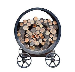 Pile of firewood stock in the iron metal container wheel cart for outdoor cooking isolated on white background