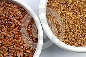 Pile of flax seeds isolated on white background