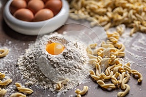 Pile of flour with an egg yolk and fresh pasta on a cooking desk