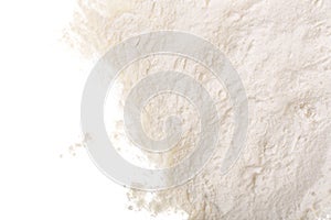 Pile of flour isolated on white background with copy space for your text. Top view. Flat lay
