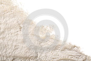 Pile of flour isolated on white background with copy space for your text. Top view. Flat lay