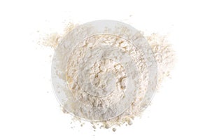 Pile of flour isolated on white background. Top view. Flat lay