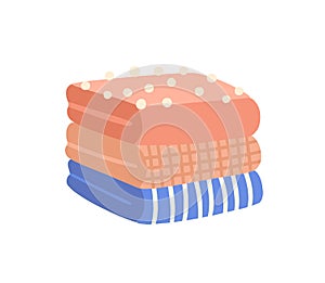 Pile of folded clothes flat vector illustration. Knitted woolen garment. Striped and checkered apparel. Packed outfit