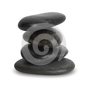 Pile of four smooth black pebble stones isolated on white background