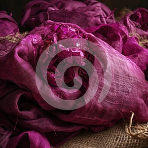 A pile of frayed magenta burlap the roughness of the material creating a rustic feel. Trendy color of 2023 Viva Magenta