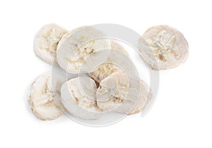 Pile of freeze dried bananas on white background, top view