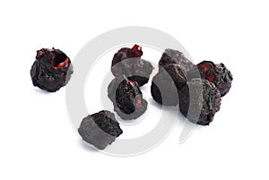 Pile of freeze dried blueberries on white background