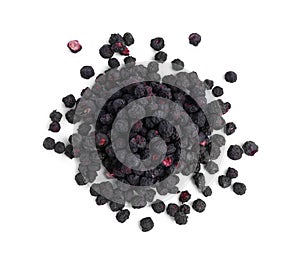 Pile of freeze dried blueberries on white background, top view