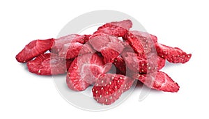 Pile of freeze dried strawberries on white background