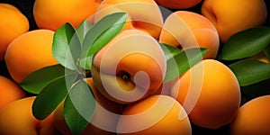 A Pile Of Fresh Apricots With Green Leafs Captured In An Upclose Detailed Photograph From Above