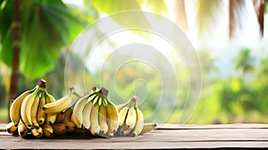 Pile of fresh bananas on a wooden table mockup with space for type writing