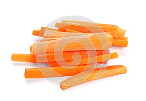 Pile of fresh carrot sticks on white