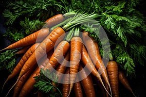 Pile of fresh carrots with green leaves