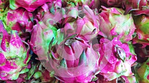 pile of fresh dragon fruit for sale in a fruit shop