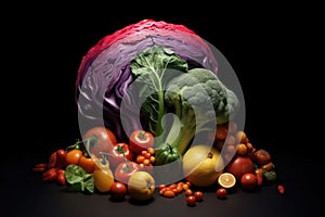 Pile of fresh fruits and vegetables on a black background. Generative AI