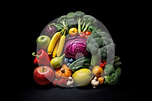 pile of fresh fruits and vegetables on a black background. Generative AI