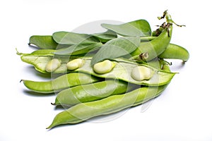 Pile of fresh green ripe bread beans copy space close up isolate