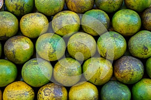 Pile of fresh organic local thai tangerine orange fruit background in yellow, green color and marked skin texture