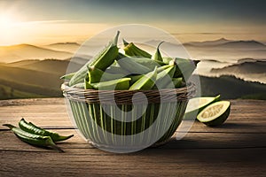 Pile of fresh organic okra in basket,raw vegtable okra Ai generated