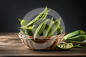 Pile of fresh organic okra in basket,raw vegtable okra Ai generated