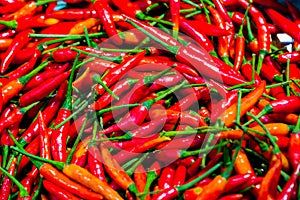 Pile of fresh red chilli peppers texture. Raw food background. Close up.