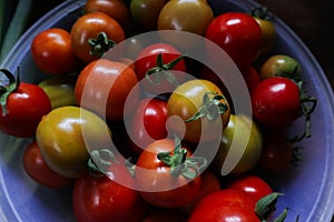 Pile of fresh ripe cherry tomatoes in a plastic container