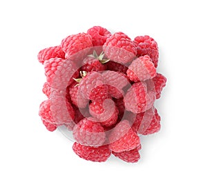 Pile of fresh ripe raspberries isolated, top view