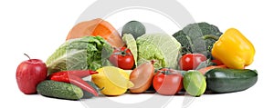 Pile of fresh ripe vegetables and fruits on white background