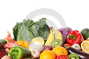 Pile of fresh vegetables and fruits isolated on white