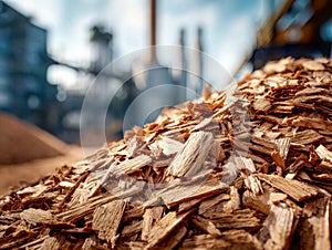 Pile of fresh wood chips in an industrial facility with blurred background emphasizing the texture and natural tones of raw wood