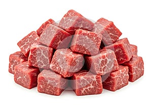 Pile of raw beef cubes isolated on white background
