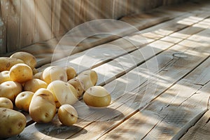 A pile of freshly harvested potatoes on a wooden floor with sunlight casting shadows, depicting organic produce