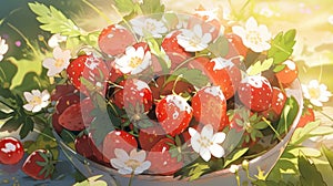 pile of freshly picked strawberries, with leaves and stems adding a touch of natural beauty manga cartoon style by AI generated
