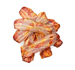 pile of fried bacon strips isolated on white background, top view