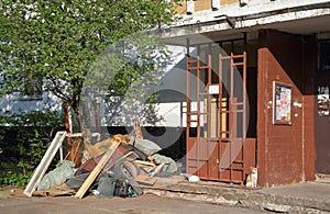 Pile of garbage at the entrance of an apartment house. Balashikha. Moscow region.