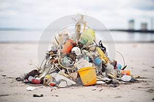 pile of garbage gathered from a beach cleanup day