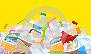 Pile of garbage waste plastic and paper many isolated on yellow background, illustration bottles plastic garbage waste many, stack