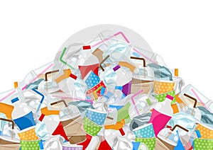 Pile garbage waste plastic and paper in mountain shape isolated white background, bottles plastic garbage waste