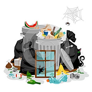 Pile of garbage in white. Littering waste concept with with organic and household rubbish and trash photo