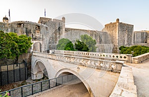 Pile gate entrance at Dubrovnik old town. Morning time during sunrise. Soft light. Dubrovnik is famous tourist destination in