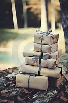 Pile of gift boxes tied with a black ribbon on a log