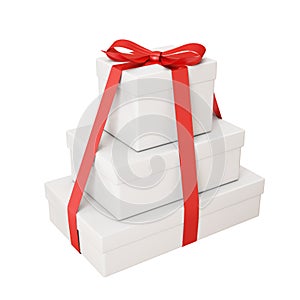 Pile of gifts with red ribbon isolated on white background