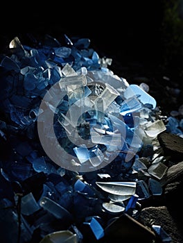 A pile of glass shards and shards of plastic illuminated by moonlight.. AI generation